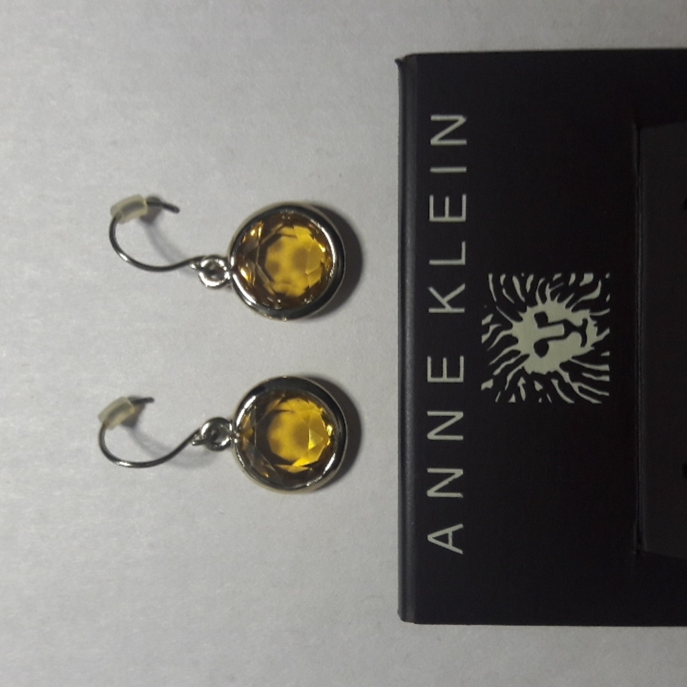 Anne Klein Earings Gold Tone Color Citrene Gems 1" Drop Fish Hook